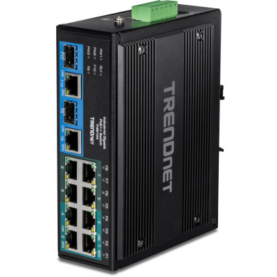TRENDnet TI-BG104 10-Port Ethernet Switch, 4 Gigabit PoE++ ports, 4 Gigabit PoE+ ports, 2 shared Gigabit SFP slots, 20 Gbps switching capacity, DIN-rail/wall mount